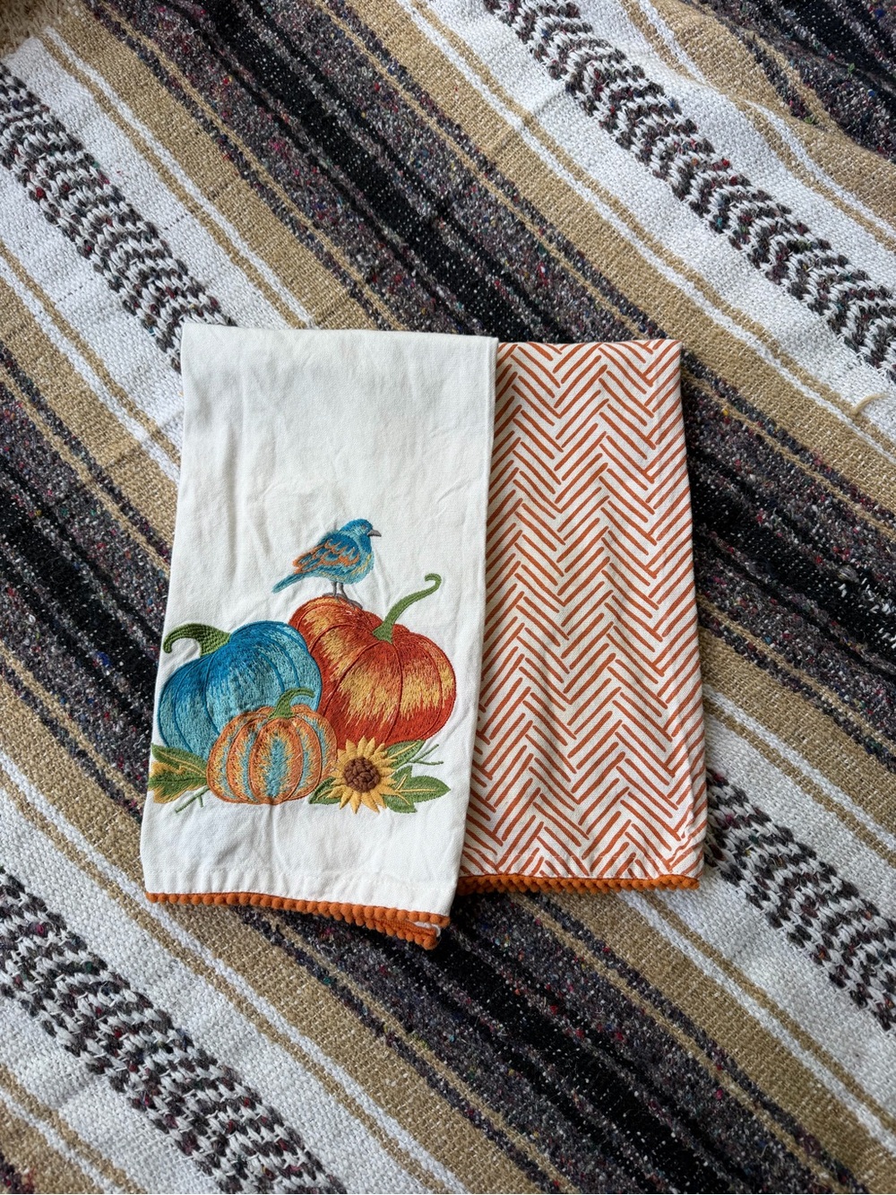 Autumn Pumpkin Embroidered Kitchen Towels - Orange & Blue